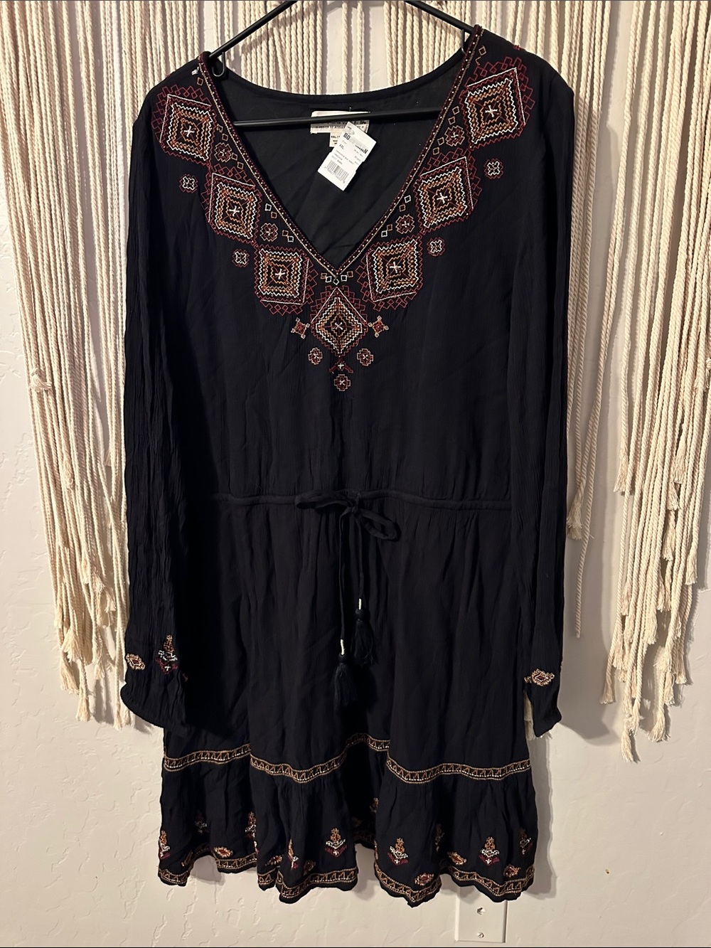 Idyllwind Black Long Sleeve Embroidered Boho Dress